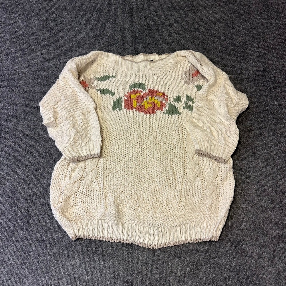 Needles & Yarn Sweater Womens Size L Cream Handknit Floral Chunky Cable Knit